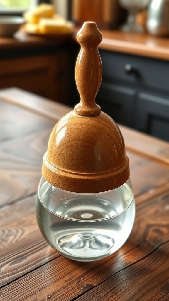 A butter bell filled with soft butter on a wooden table, showcasing its design and functionality.